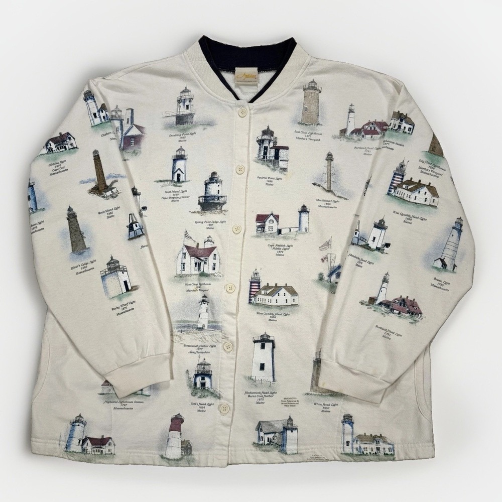 VTG 90's Artisans Lighthouse Cardigan Women's XL Coastal Cottagecore Nautical